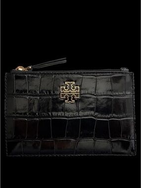 Tory Burch Black Croc-Embossed Zip slip back small Wallet with Gold Logo